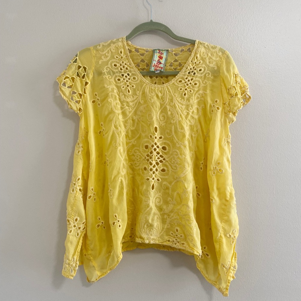 Johnny Was Yellow Cupra Rayon Eyelet Tunic Top Size X Small Petite